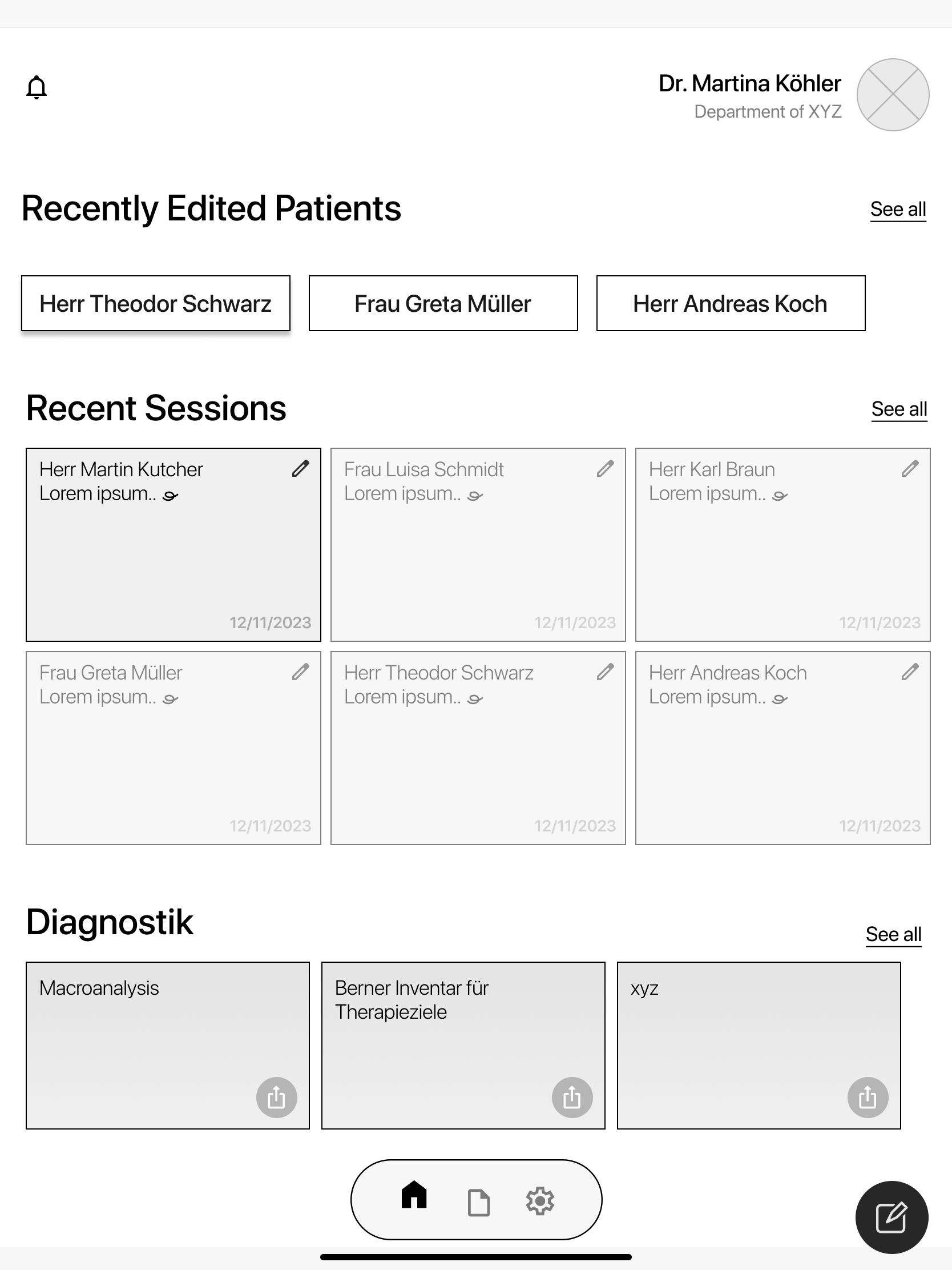 Therapy app home wireframe with recent patients and sessions