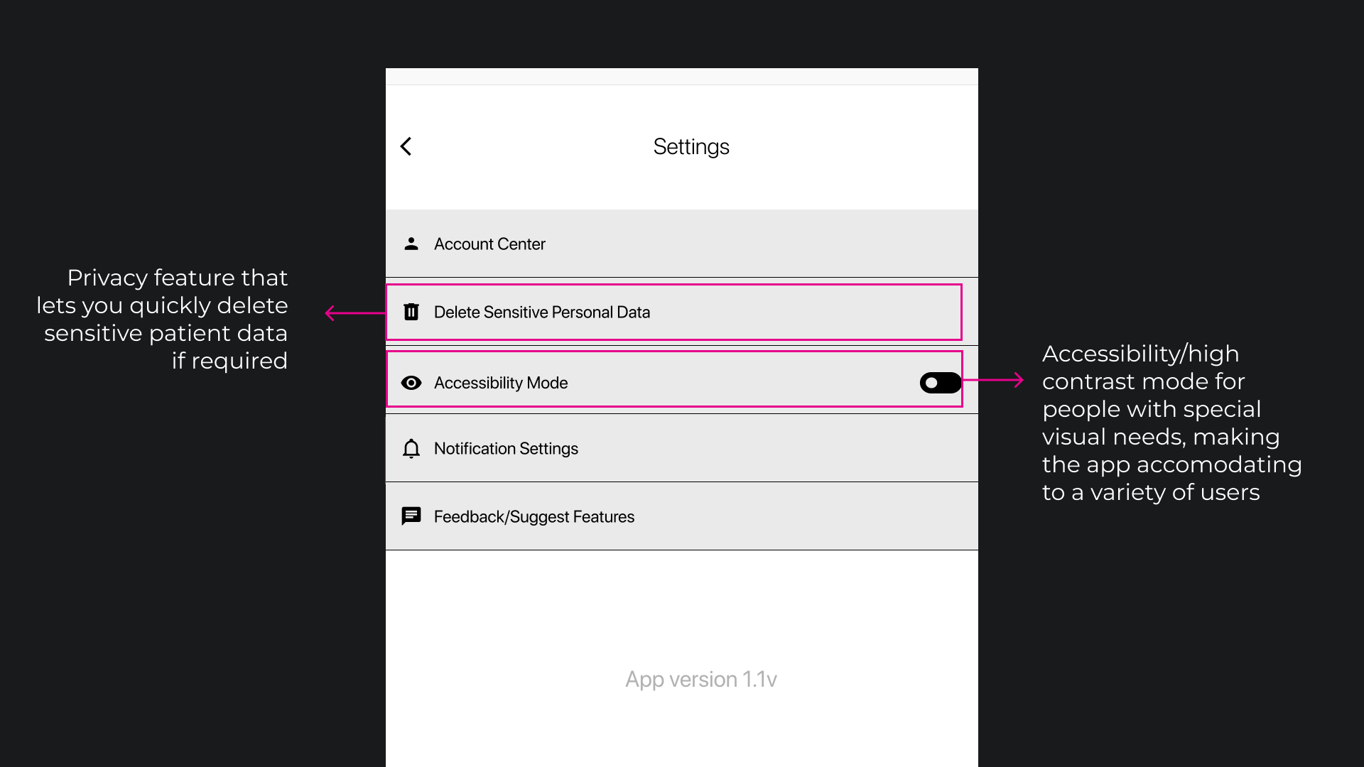 Settings wireframe including privacy accessibility and notification controls